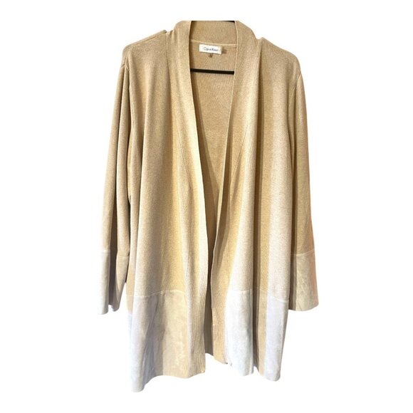 Calvin Klein Womens Open Cardigan 1X Tan Long Sleeve Suede Trim Longline Sweater - Picture 1 of 16